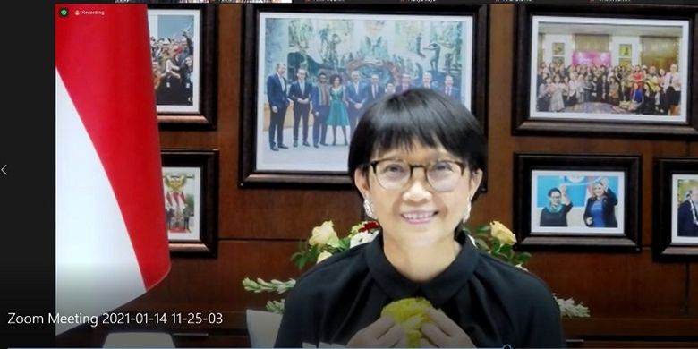 Foreign Minister Retno Marsudi speaks to Kompas.com during a virtual interview on Thursday, January 14, 2021. 