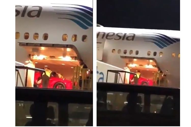 Beredar video yang menampilkan pesawat Garuda Indonesia mengangkut mobil Ferrari.