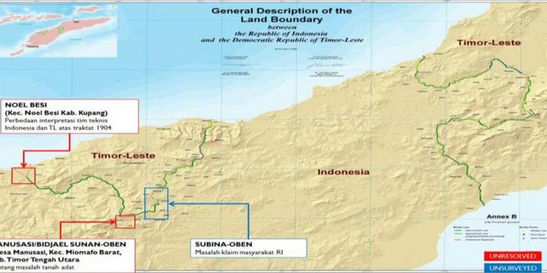 Peta segmen wilayah Noel Besi?Citrana, Bidjael Sunan?Oben, dan Subina-Oben yang batas-batas daratnya dirundingkan Indonesia dan Timor-Leste sejak 2005.