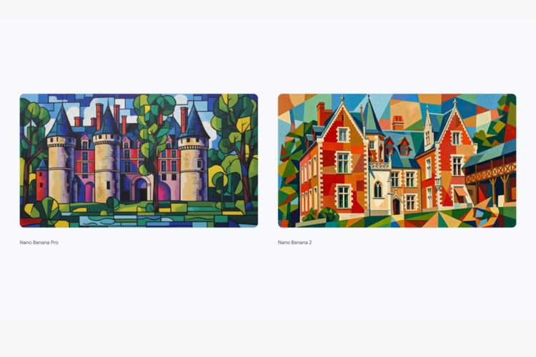 Perbandingan ilustrasi bangunan bergaya Synthetic Cubism yang dihasilkan Nano Banana Pro (kiri) dan Nano Banana 2 (kanan). Nano Banana 2 terlihat menghadirkan warna, tekstur, dan detail visual yang lebih kaya.