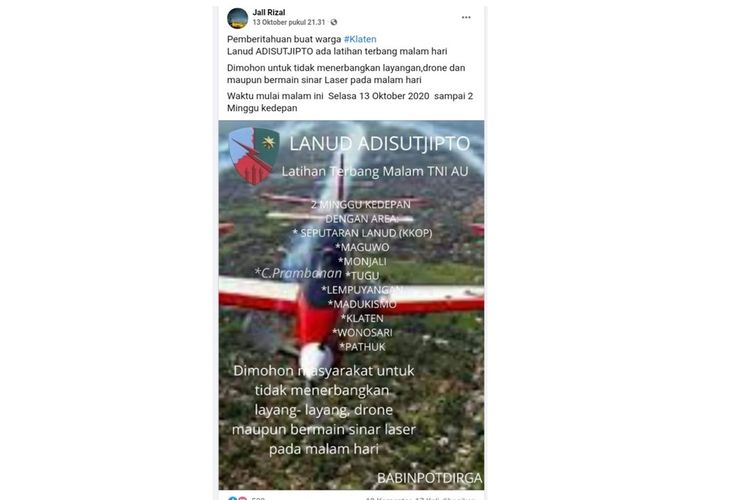 TNI AU Gelar Latihan Terbang Malam di Langit Yogya-Klaten