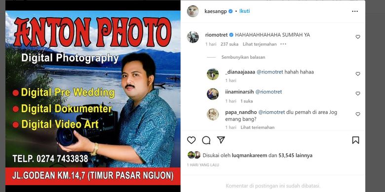 Putra bungsu Presiden Joko Widodo, Kaesang Pangarep kemarin mengunggah poster jasa foto pernikahan asal Yogyakarta, Andi's.