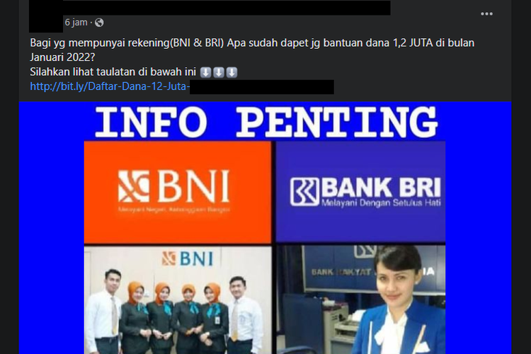 Tangkapan layar hoaks bantuan  Rp 1,2 juta untuk nasabah BNI dan BRI