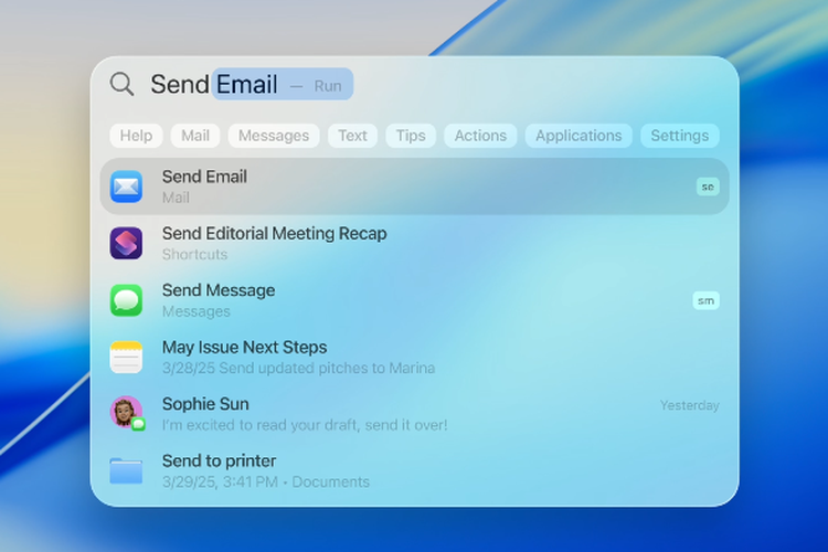 Tampilan fitur baru Spotlight di MacOS 26 Tahoe.
