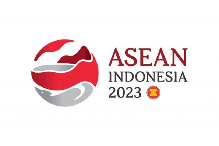 Logo keketuaan ASEAN Indonesia yang menampilkan 3 elemen, langit di sisi atas, gunung dan laut di tengah, di bagian bawah ada burung maleo.