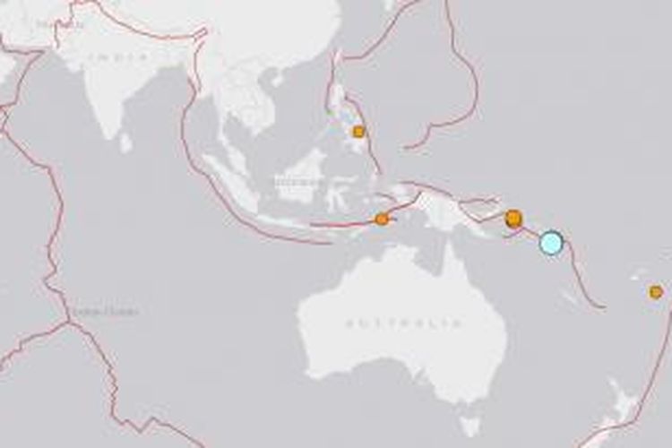 Pusat gempa 7,4 Skala Richter (warna hijau) di Kepulauan Solomon yang terjadi Minggu (13/4/2014) sekitar pukul 23.36 waktu setempat atau 19.36 WIB. 