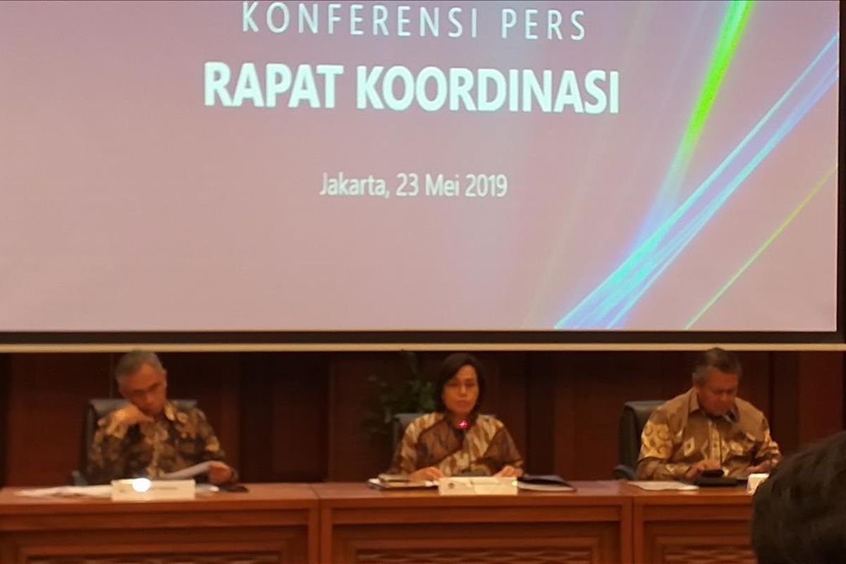 KSSK memberi pernyataan soal kondisi perekonomian terkini di kantor Kementerian Keuangan, Jakarta, Kamis (23/5/2019).