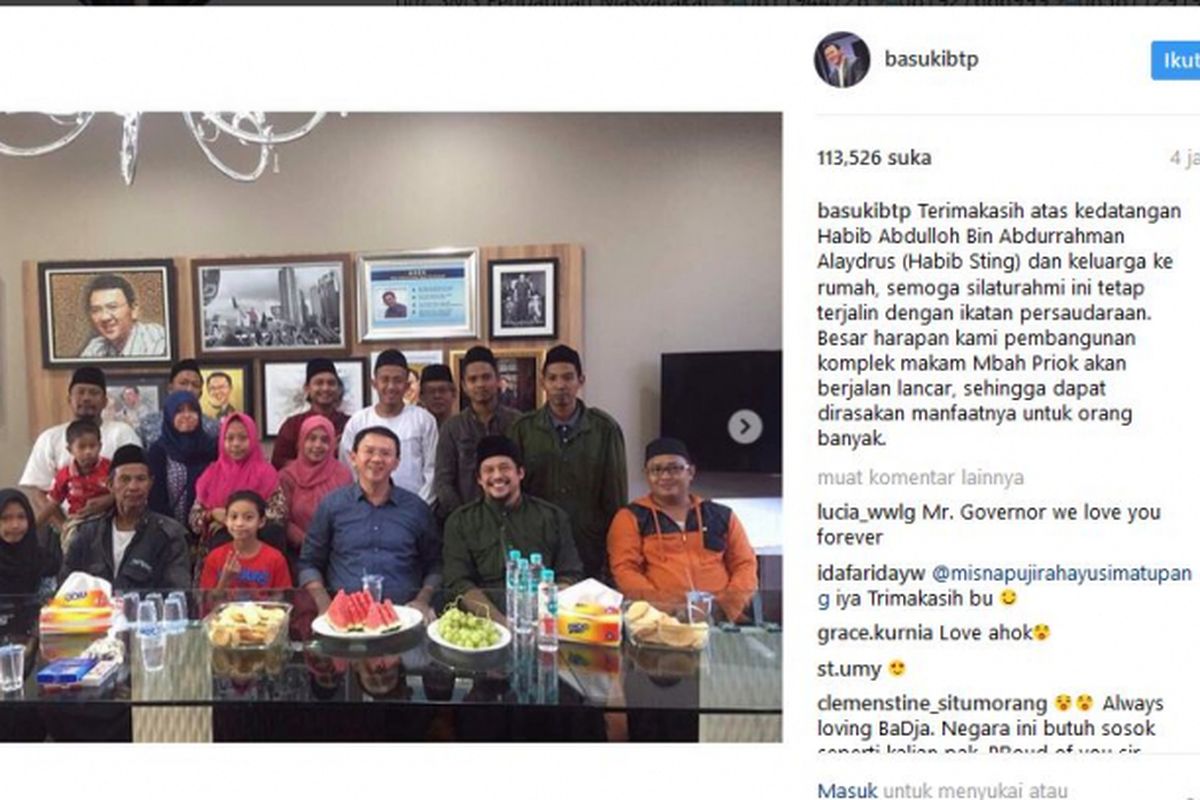Gubernur DKI Jakarta Basuki Tjahaja Purnama menerima Habib Sting dan keluarganya yang datang ke kediamannya di Pantai Mutiara, Jakarta Utara, Senin (1/5/2017).