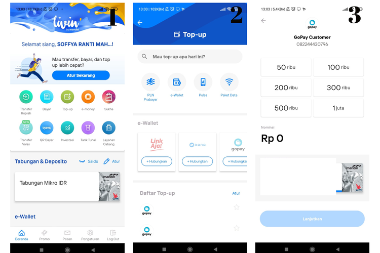 cara top up ewallet di livin by mandiri 