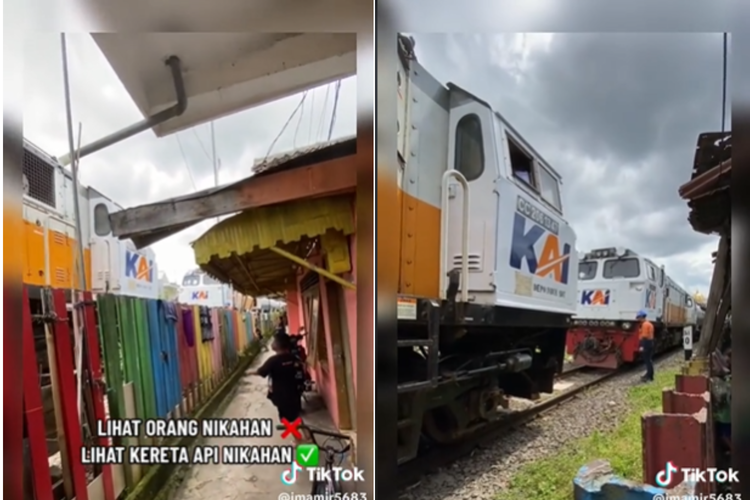 Tangkapan layar video yang merekam dua kereta api berlawanan arah di jalur tunggal