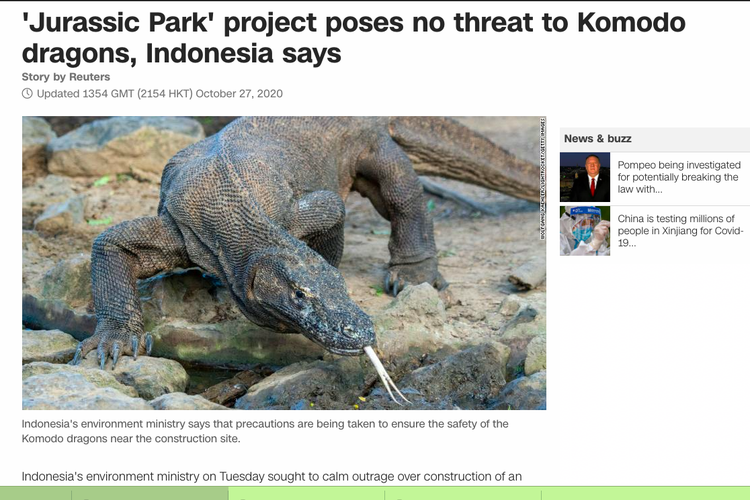 Tangkapan layar berita Jurassic Park komodo di laman media asing CNN