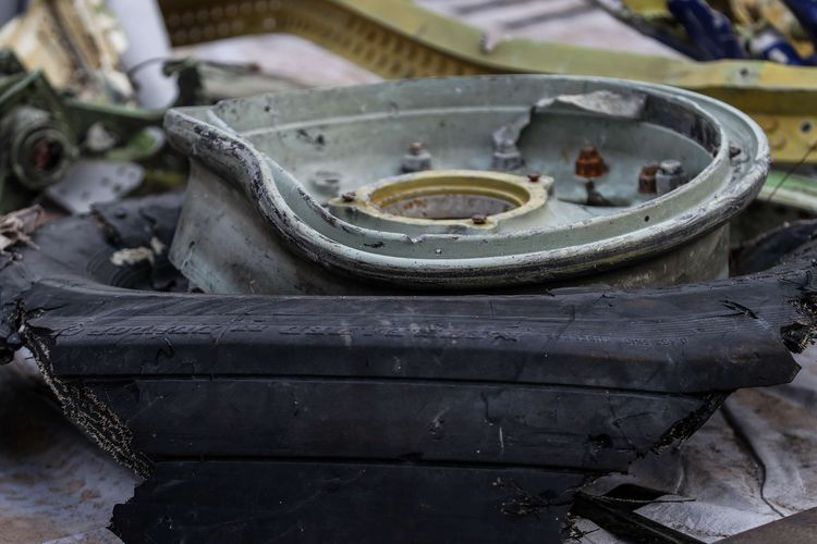 Plane parts retrieved by Basarnas from the downed Sriwijaya Air SJ 182 Boeing 737-500 displayed at Basarnas command post on Jakarta International Cargo Terminal on Thursday (14/1/2021)