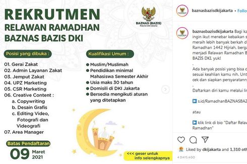 Baznas DKI Jakarta Buka Lowongan Relawan Ramadhan, Ini Kualifikasi dan Cara Mendaftar