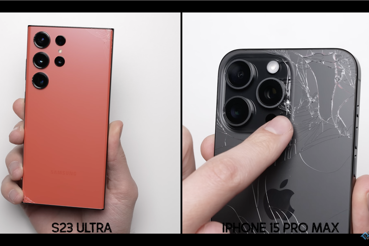 Uji jatuh terakhir membandingkan ketahanan Samsung Galaxy S23 Ultra (kiri) dan iPhone 15 Pro Max (kanan) ketika dijatuhkan ke permukaan besi