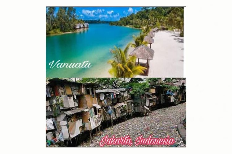 Tangkapan layar foto yang diunggah di Facebook. Foto atas adalah panorama di Vanuatu, sedangkan foto bawah adalah foto sungai yang diklaim berada di Jakarta.