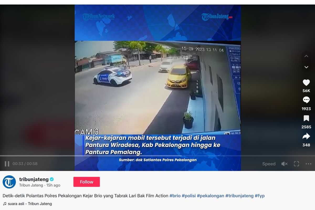 Video viral memperlihatkan polisi lalu lintas kejar-kejaran dengan pengemudi Honda Brio karena diduga kabur setelah menabrak pengendara motor.