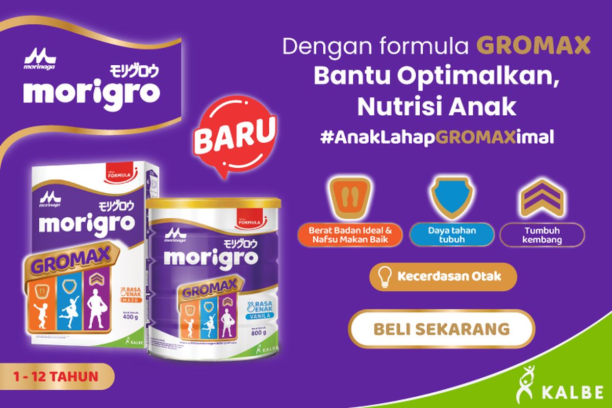 Morinaga Morigo mengandung formula GROMAX yang dapat membantu mengoptimalkan asupan nutrisi untuk mendukung tumbuh kembang dan daya tahan tubuh anak.