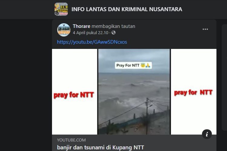 Tangkapan layar di Facebook terkait unggahan adanya tsunami di Kupang, NTT.
