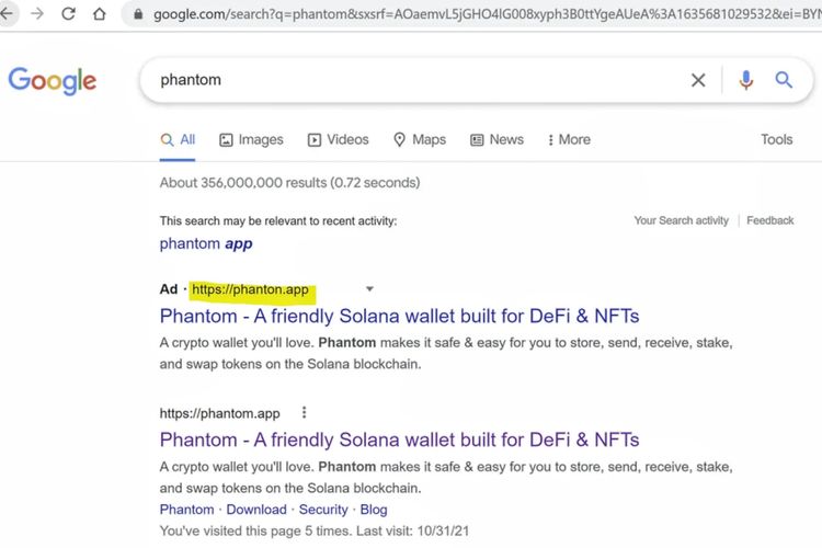 Iklan Google Ads menuju situs dompet kripto palsu saat ditampilkan di hasil pencarian Google, menurut laporan Check Point Research. Urutannya lebih awal dibanding situs asli di bawahnya.