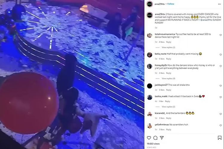 Unggahan instagram strip club yang menunjukkan uang berceceran di lantai. Viral disebutkan itu pesta yang dilaukan rapper Drake sehari setelah tragedi konser Astroworld. [Instagram/@Area29htx Via Daily Mail] 