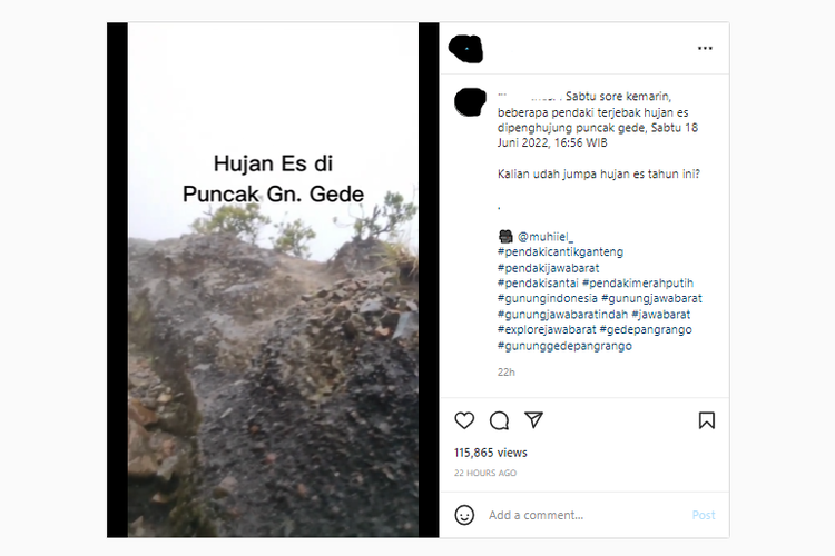 Tangkapan layar cuplikan video beberapa pendaki yang terjebak hujan es di Gunung Gede Pangrango, Jawa Barat, Minggu (19/6/2022).