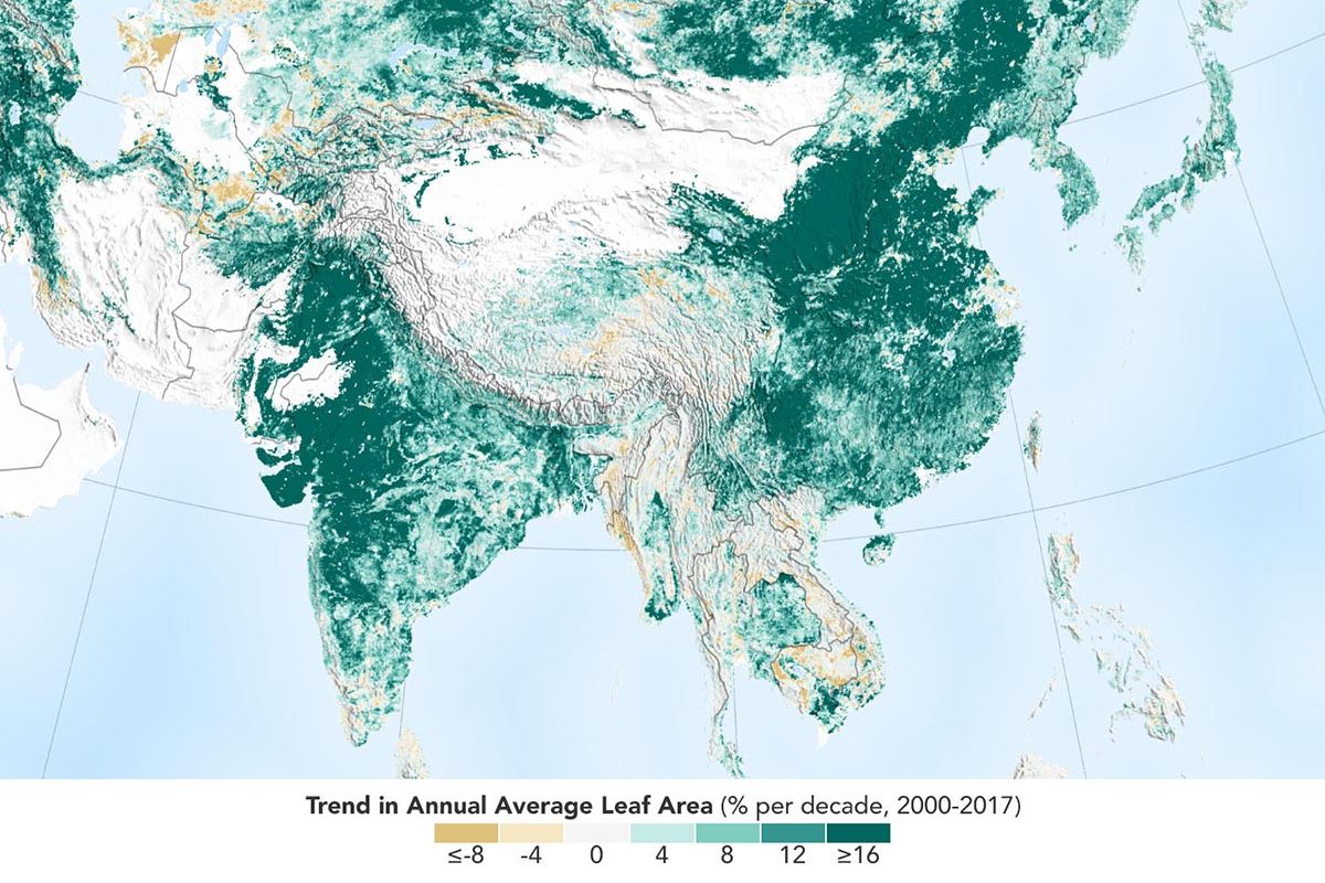 Nasa rilis gambar citra satelit yang menunjukkan Bumi makin menghijau dalam 20 tahun terakhir. China dan India memberikan kontribusi besar pada penghijauan di planet Bumi.