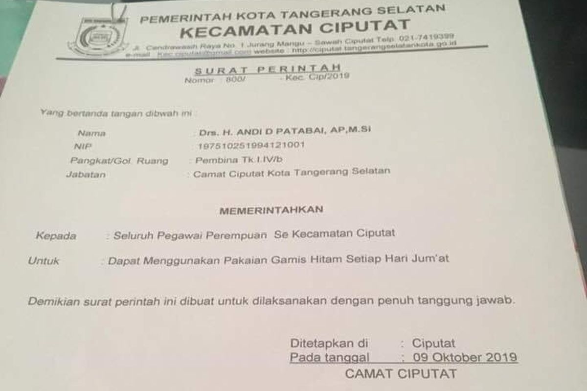 Surat Perintah dari Camat Ciputat tentang pemakaian gamis hitam yang terklarifikasi sebagai hoaks