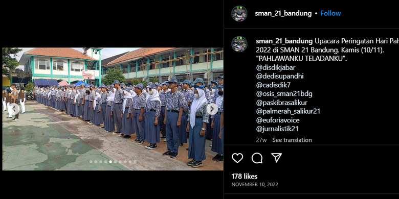 Tangkap layar suasana SMA 21 Bandung yang tunda study tour  murid kelas 11 setelah uang pembayaran jasa perjalanan dibawa kabur. (Instagram/@sman_21_bandung)
