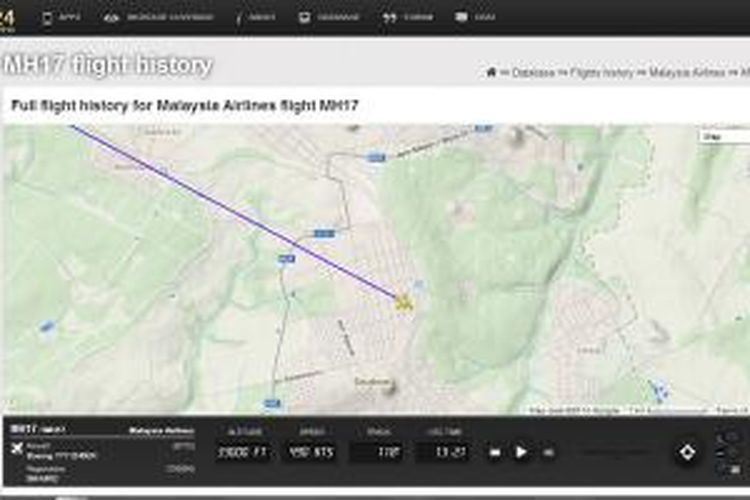 Jejak Penerbangan Malaysia Airlines MH17 pada 17 Juli 2014 di situs Flightradar24.com