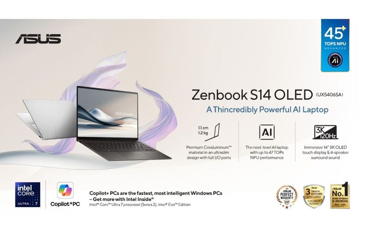 ASUS Zenbook S14 OLED (UX5406SA) dibekali teknologi AI dengan prosesor Intel Lunar Lake dan daya tahan baterai sekelas perangkat berbasis ARM.