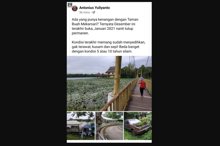Tangkapan layar unggahan Facebook soal tempat wisata Taman Buah Mekarsari yang dikabarkan akan tutup permanen pada Januari 2021.
