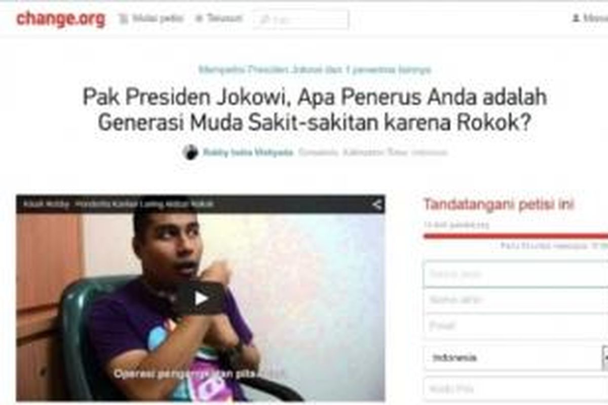 Mantan Perokok Robby Indra Wahyuda membuat petisi untuk Presiden Joko Widodo.