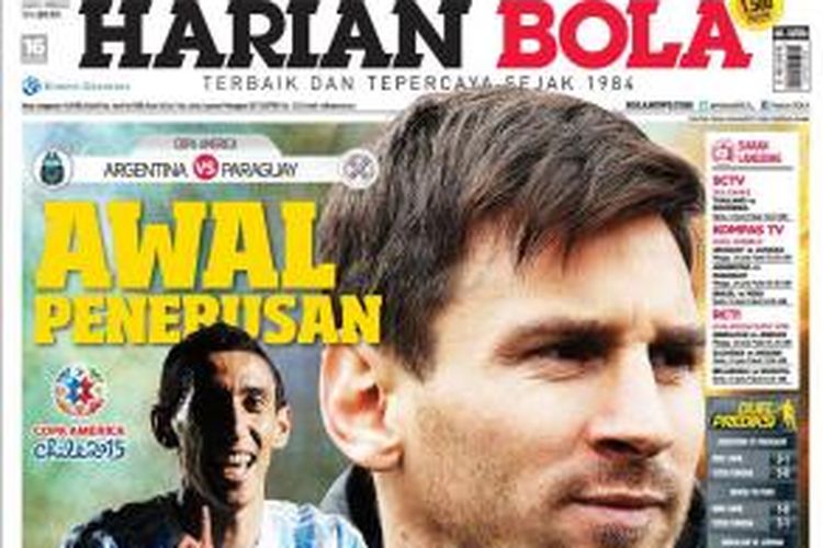 Cover Harian BOLA edisi Sabtu (13/6/2015).