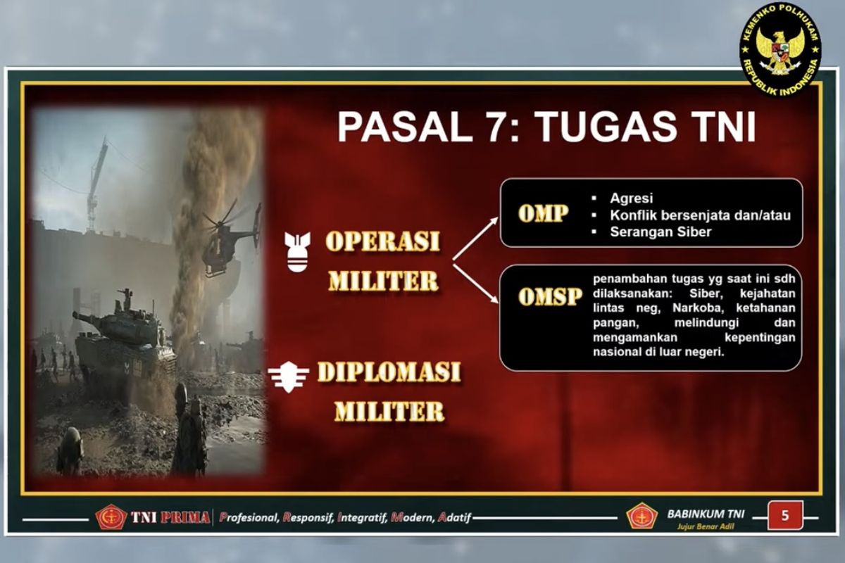 TNI mengusulkan penangkalan serangan siber dan konflik bersenjata masuk dalam operasi militer perang (OMP).  Usulan itu disampaikan Kepala Badan Pembinaan Hukum (Kababinkum) TNI Laksda Kresno Buntoro dalam acara ?Dengar Pendapat Publik RUU TNI/Polri? yang diselenggarakan Kemenko Polhukam di Hotel Borobudur, Jakarta Pusat, Kamis (11/7/2024) sore.