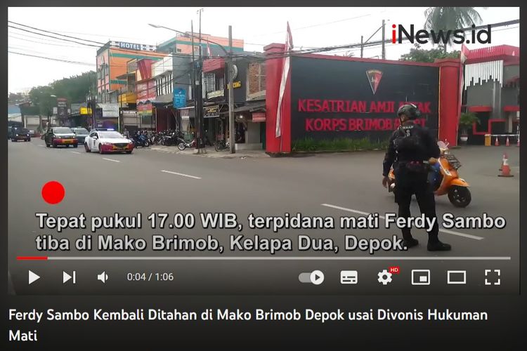 Tayangan YouTube iNews.id, Ferdy Sambo tiba di Mako Brimob Depok pada Senin (13/2/2023)