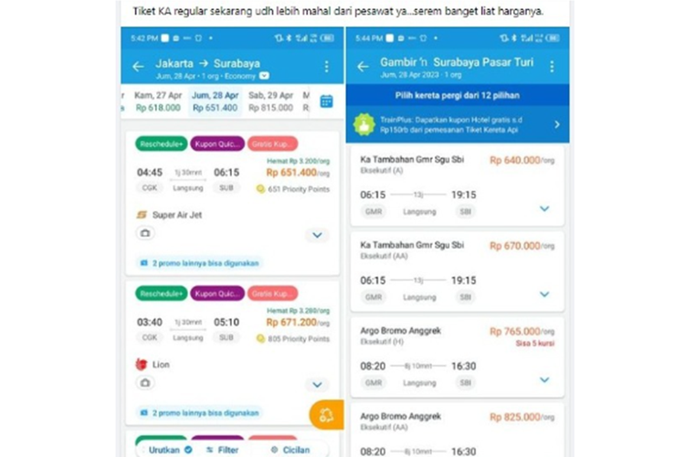 Tangkapan layar unggahan bernarasi harga tiket kereta api disebut lebih mahal dari tiket pesawat.