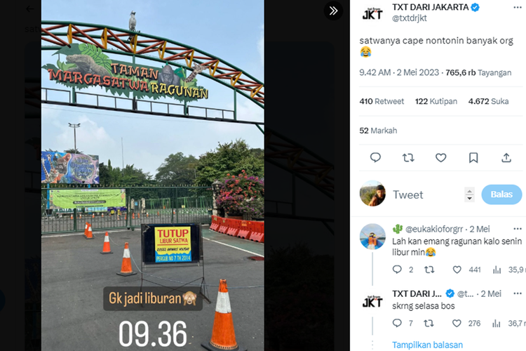 Tangkapan layar twit mengenai libur satwa di Taman Margasatwa Ragunan.
