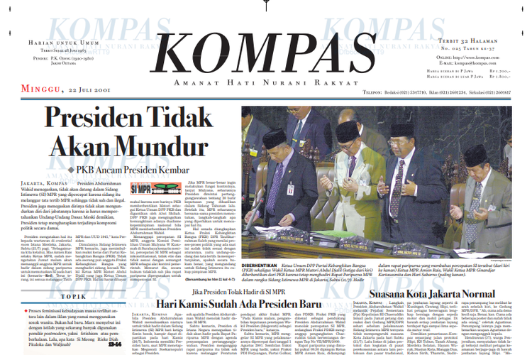 Halaman muka harian Kompas edisi 22 Juli 2001 yang memberitakan detik-detik menjelang pelengseran Presiden keempat RI Abdurrahman Wahid atau Gus Dur. 