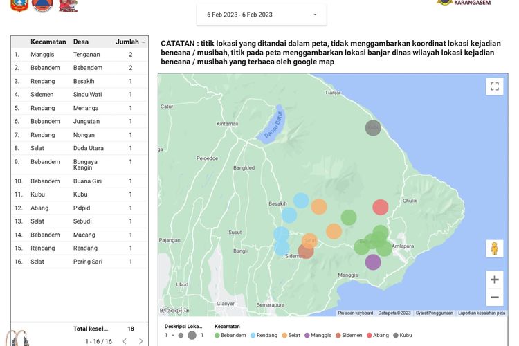 Sebaran titik lokasi bencana di Kabupaten Karangasem, Provinsi Bali.