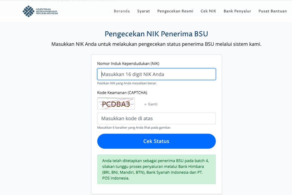 BSU 2025 - Tampilan laman Kemnaker untuk mengecek penerima BSU 2025 Batch 4.