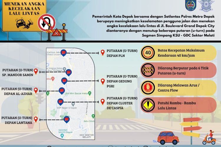 Dishub Kota Depok berencana menutup enam puteran balik di sepanjang Jalan Boulevard Grand Depok City pada 25 Januari 2023.
