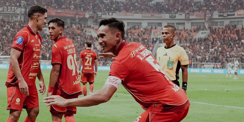 Selebrasi Rizky Ridho dalam laga pekan pertama Super League 2025-2026 antara Persija Jakarta vs Persita Tangerng di Jakarta International Stadium, Minggu (10/9/2025).