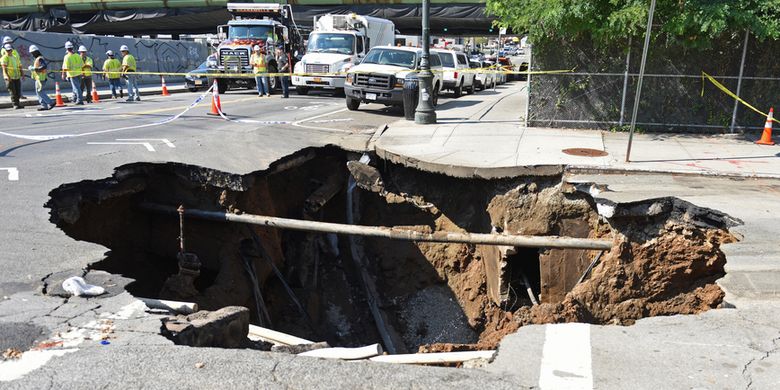 Ilustrasi fenomena sinkhole. Sinkhole ini terjadi di sebuah jalan di Brooklyn, New York, Amerika Serikat.