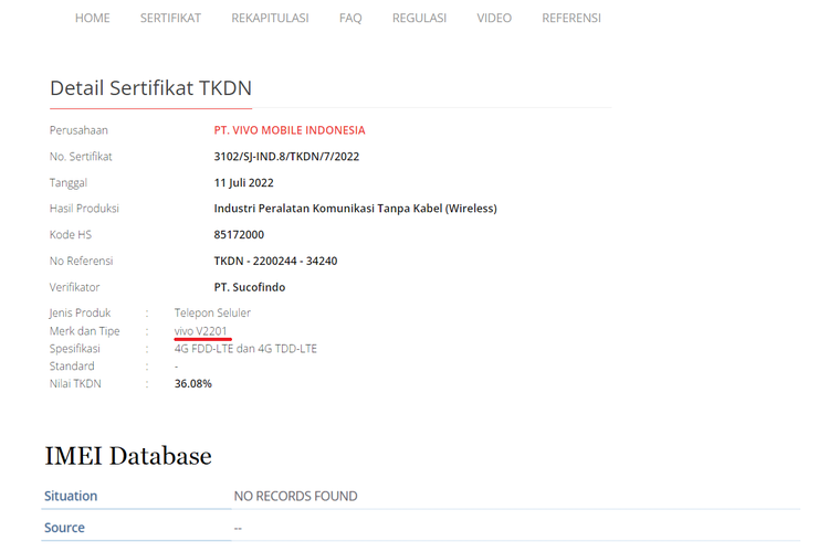 Perangkat bernomor model V2201 yang diyakini sebagai Vivo V25e muncul di situs TKDN (atas) dan IMEI database (bawah).