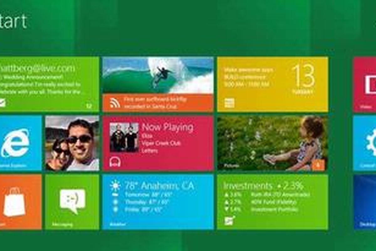 Tampilan menu di Windows 8 menyajikan kumpulan informasi dari beragam aplikasi dalam satu layar.