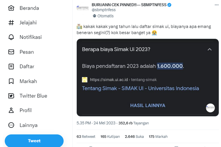 Tangkapan layar twit yang ramai di media sosial soal biaya pendaftaran Seleksi Masuk Universitas Indonesia (SIMAK UI) Rp 1,6 juta.