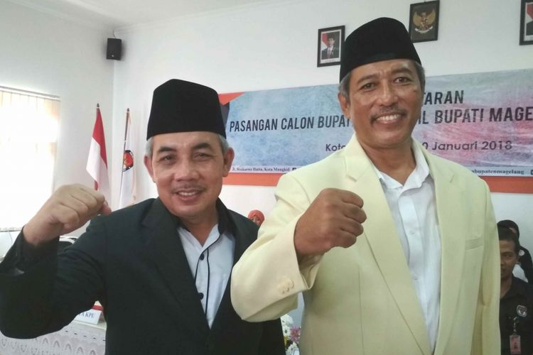 Muhammad Zaenal Arifin dan Rohadi Pratoto, bakal calon bupati dan wakil bupati Pilkada Magelang 2018, saat mendaftar di KPU Magelang, Jawa Tengah, Rabu (10/1/2018).
