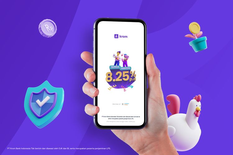 Tampilan aplikasi Krom yang terjamin keamanannya karena Krom Bank diawasi OJK dan BI.