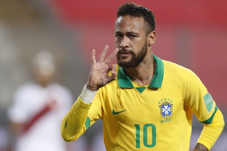 Winger timnas Brasil Neymar berselebrasi usai mencetak gol ke gawang Peru pada laga Kualifikiasi Piala Dunia Zona Amerika Selatan (Conmebol) di Estadio Nacional, Lima, Rabu (14/10/2020) pagi WIB. 