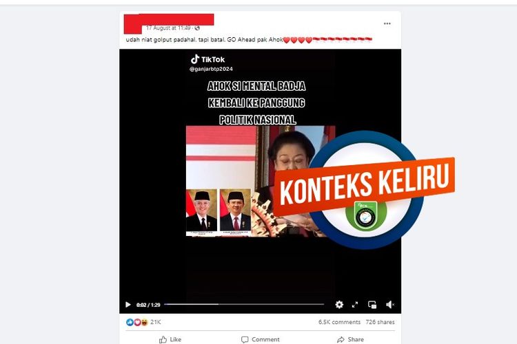 Tangkapan layar Facebook narasi yang menyebut Megawati mengumumkan Ahok sebagai cawapres Ganjar
